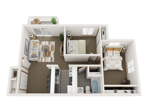 Floor plan for 2 beds, 1 bath, 973 sqft
